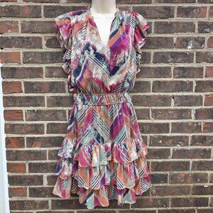 Willa Story Size M Ruffle Metallic Mini Dress Geometric Colorful Party Fun